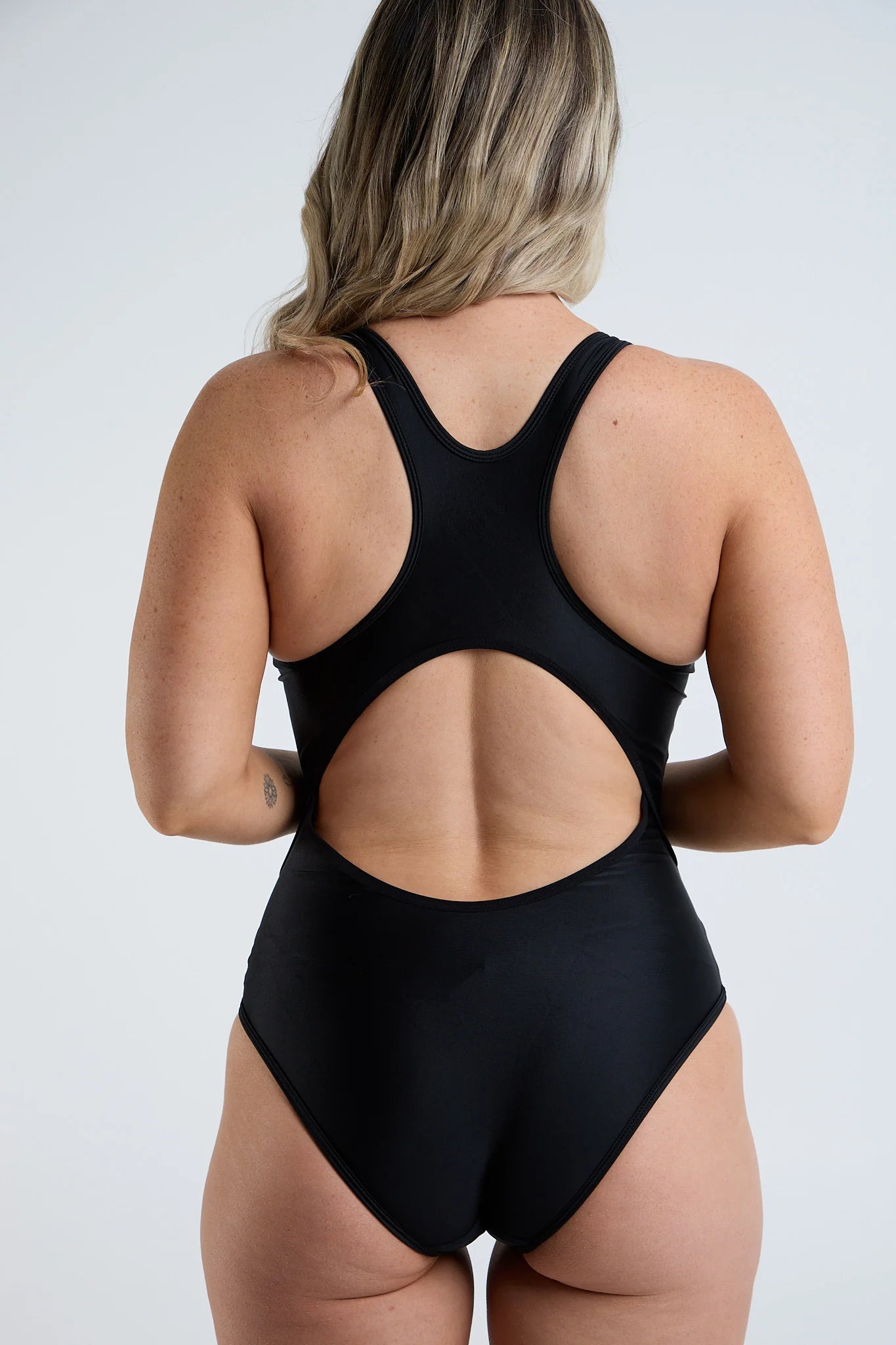 Black racerback swimsuit sales